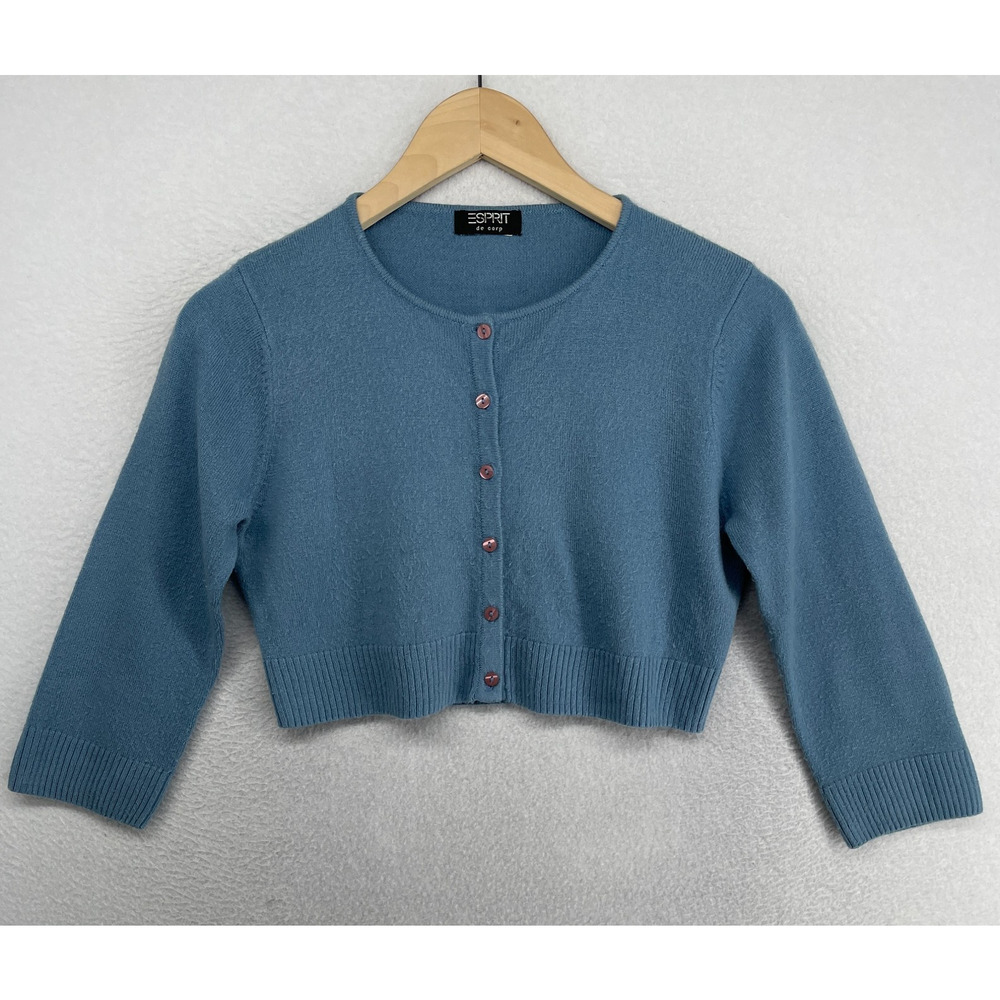 ESPRIT Sweater Womens S Cropped Shrug Bolero Cardigan Button Up 3/4 Sleeve Blue